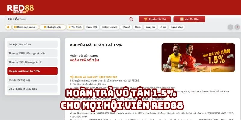 Hoàn trả vô tận 1.5% cho mọi hội viên Red88